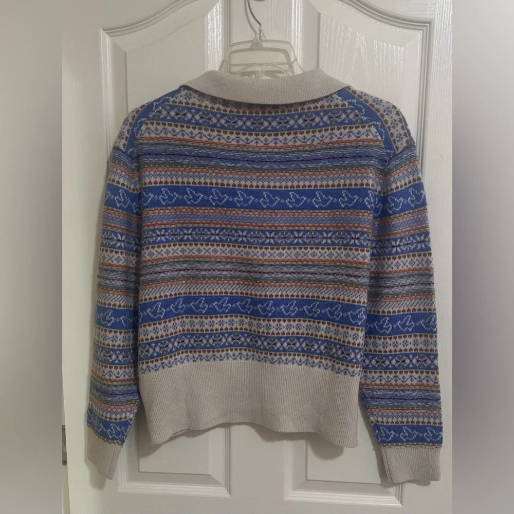 Women’s J.Crew Fair Isle Lambswool Blend Print Beige Collared Preppy Sweater‎ L.
